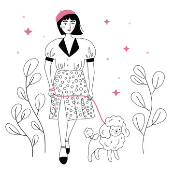 French woman walking with Poodle breed dog. Trendy fashion clothes. Black and white vector outline illustration.