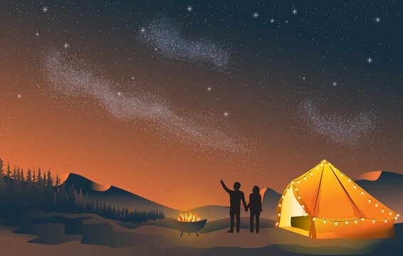 Glamping Couple Stargazing Looking At Dark Night Sky Stars By Fire Pit