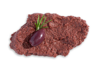 Tapenade - paste made from olives.  Spreadable black kalamata olive pate isolated on white background. Top view, close-up. - obrazy, fototapety, plakaty