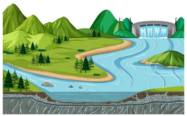 Meubelstickers Nature scene landscape with dam and soil layers © blueringmedia