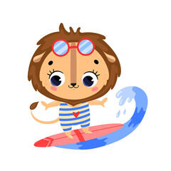 Flat doodle cute cartoon summer surfing lion. Tropical animals on the beach