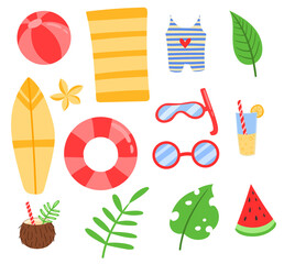 Flat doodle cute cartoon summer tropics set. Beach ball, towel, swimming ring, surfing board, coconut, sunglasses, surf mask, watermelon, cocktail, swimsuit
