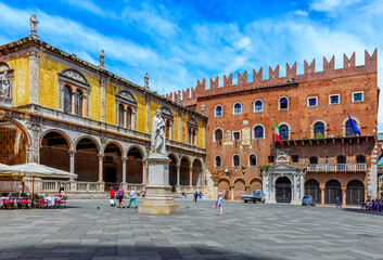 Piazza dei Signori with statue of Dante in Verona, Italy. Architecture and landmark of Verona. Cozy...