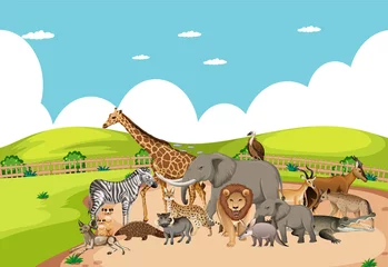 Muurstickers Group of wild african animal in the zoo scene © blueringmedia