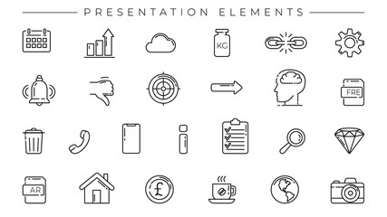 Presentation Elements concept line style vector icons set.