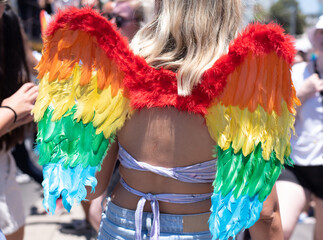 Girl dress on shoulders large wings of colors of  rainbow. Close-up. Symbol of gays is colors of rainbow. Gay and pride solidarity parade in Tel Aviv. 