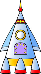 Cartoon illustration of space rocket. Cute and funny cartoon characters. Illustration for children.
