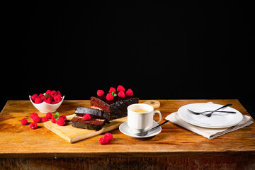 Chocolate cake with raspberries and coffee