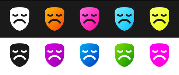 Set Drama theatrical mask icon isolated on black and white background. Vector