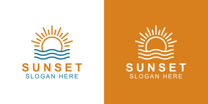 brightening Sun or sunrise in beach with wave, sunset flare light bright shine logo design for summer and vacation