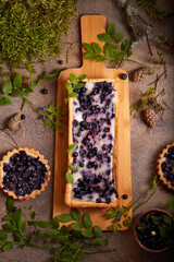 Fototapeta na wymiar Tart with blueberries and sour cream filling. Sweet homemade dessert with wild forest berries.