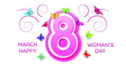 Fototapeta premium 8 March Happy Woman's Day Greeting Butterflies Background. Vector Design Banner Party Invitation Web Poster Flyer Stylish Brochure, Greeting Card Template