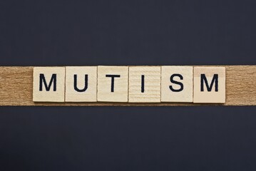 text on word mutism from gray wooden letters on a black background