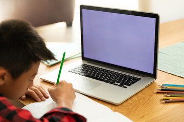 Asian boy using laptop with blank screen at home