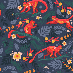 Seamless pattern with monkeys on the branches. Vector graphics.