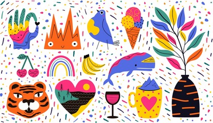 Vector abstract set with animals, food, wine and doodle elements. Trendy apparel print design collection