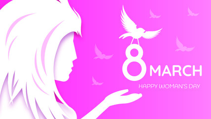 8 March Happy Woman's Day Greeting Girl Bird Background. Vector Design Banner Party Invitation Web Poster Flyer Stylish Brochure, Greeting Card Template