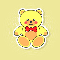 Vector cute teddy bear sticker on yellow halftone background in pop art style.