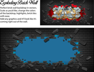 Exploding Brick Wall

Perfect brick wall backdrop in vectors. Scale as you'd like, change the colors of the backdrop, highlights, brick tiles with ease. 
