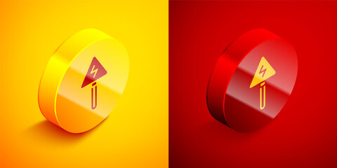 Isometric High voltage sign icon isolated on orange and red background. Danger symbol. Arrow in triangle. Warning icon. Circle button. Vector