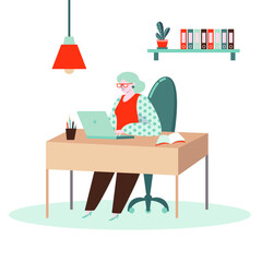 A middle aged woman sitting at the table and working on laptop.Concept for confident independent senior woman doing office work. Vector illustration, modern minimal character design.