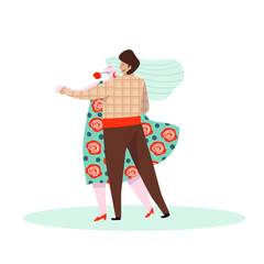 Grey haired mature woman dancing with her partner. Vector flat illustration, modern character design, isolated on white. Concept for adult middle aged active lady spending her free time with fun.