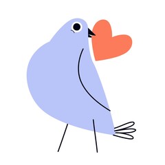 Vector illustration with cute pigeon holding big red heart. Funny romantic print design with dove