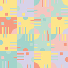 Modern vector abstract  geometric background with circles, rectangles and squares  in retro scandinavian style. Pastel colored simple shapes graphic seamless pattern. Abstract mosaic artwork.