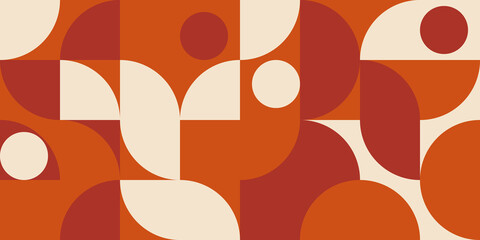 Moderner Vektor abstrakter geometrischer Hintergrund mit Kreisen, Rechtecken und Quadraten im skandinavischen Retro-Stil. Pastellfarbenes grafisches Muster einfacher Formen.