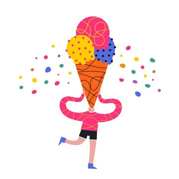 Vector Illustration With Man Holding Huge Ice Cream Cone. Funny Summer Colored Poster With Food, Cafe Menu Decoration Print Design