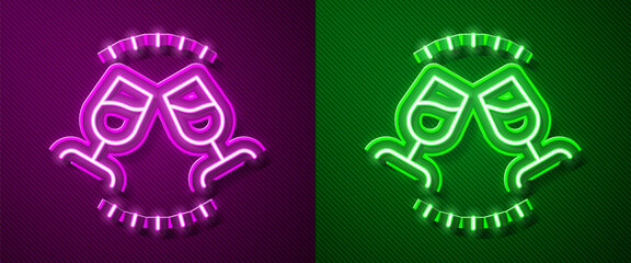 Glowing neon line Wine tasting, degustation icon isolated on purple and green background. Sommelier. Smells of wine. Vector