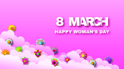 8 March Happy Woman's Day Greeting Flowers Clouds Background. Vector Design Banner Party Invitation Web Poster Flyer Stylish Brochure, Greeting Card Template