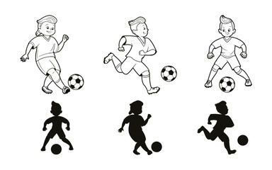 Coloring book: young soccer players playing with a ball. A set of three shapes. Game - find the right shadow for the kids. Vector illustration, cartoon, black and white lines.