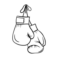 Boxing gloves hang on the carnation. Black white vector illustration in outline style. Sportswear.