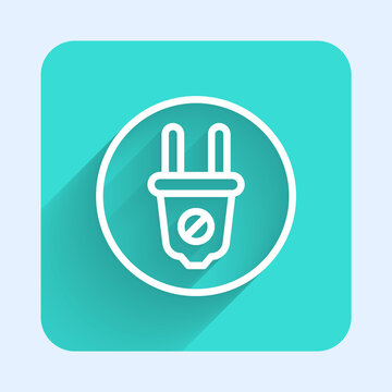 White line Electric plug icon isolated with long shadow background. Concept of connection and disconnection of the electricity. Green square button. Vector