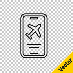 Black line Smartphone with electronic boarding pass airline ticket icon isolated on transparent background. Passenger plane mobile ticket for web and app. Vector
