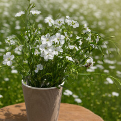 bouquet of white flax flowers in a cardboard glass surrounded by blooming flax plants, concept