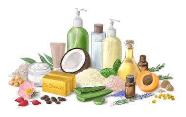 Homemade cosmetics ingredients. Composition with bottles of essential oils on table. Natural cosmetics.