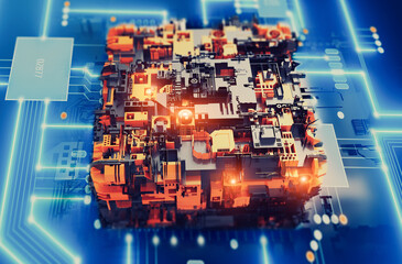 Processor development and research artificial intelligence (AI) computing of smart digital data information technology production CPU process 3D concept