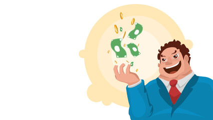 bussiness man blue suit. monney float in the hand. he look like a financial wizard. flat design cartoon 