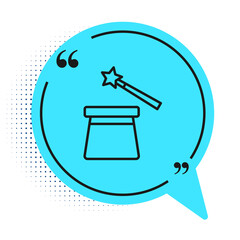 Black line Magic hat and wand icon isolated on white background. Magic trick. Mystery entertainment concept. Blue speech bubble symbol. Vector