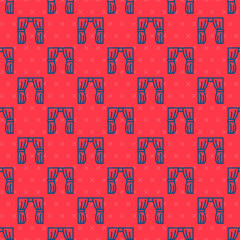 Blue line Circus curtain raises icon isolated seamless pattern on red background. For theater or opera scene backdrop, concert grand opening or cinema premiere. Vector