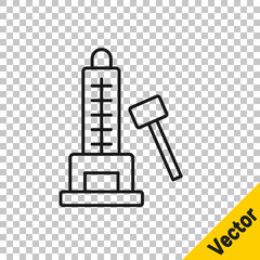 Black line High striker attraction with big hammer icon isolated on transparent background. Attraction for measuring strength. Amusement park. Vector