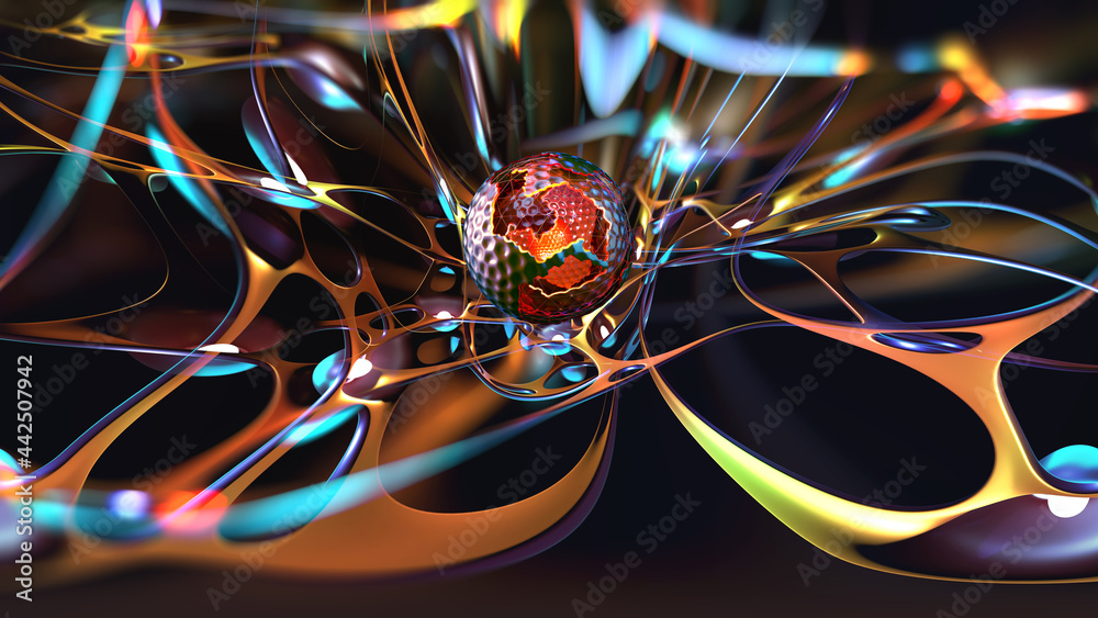 Poster Electrical impulse. Artificial Intelligence Data Analysts. Future processor. Quantum CPU in the nanotech computer network. 3d illustration of digital cyberspace with abstract neural network