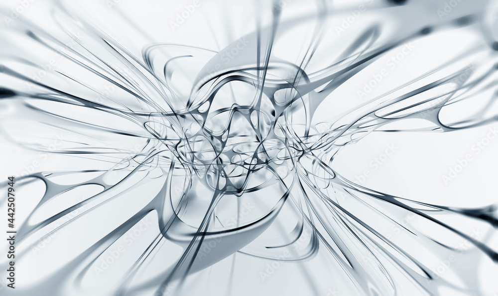 Poster Communication and development. High resolution poster on high technology theme. Black and white abstract image of a neural network. 3D illustration of nanotechnological synthetic materials