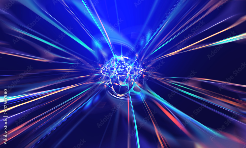 Fototapete Electrical impulse. Artificial Intelligence Data Analysts. Future processor. Quantum CPU in the nanotech computer network. 3d illustration of digital cyberspace with abstract neural network