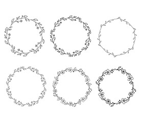 Set of hand drawn wreath with flowers. Simple and elegant wedding invitation card template.
