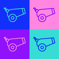Pop art line Cannon icon isolated on color background. Vector
