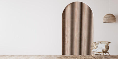 Living room design, bright wall mockup, panorama, 3d render