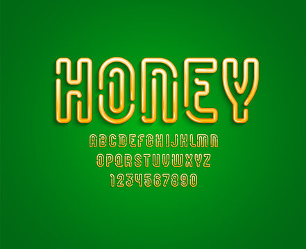 Original Font in the 3d style, yellow alphabet, letters and numbers made in honey style, vector illustration 10eps